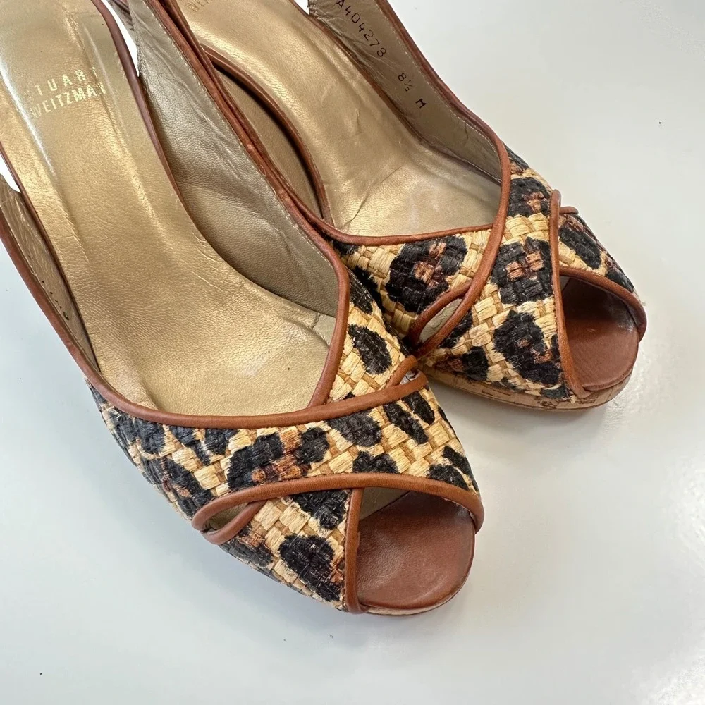 Stuart Weitzman Espadrille Wedge Sandals Leopard‎ Print Peep Toe Womens 8.5